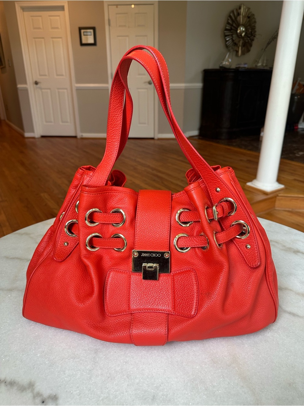 Jimmy Choo Ramona Red (Coral-Red) Pebbled Leather Shoulder Tote